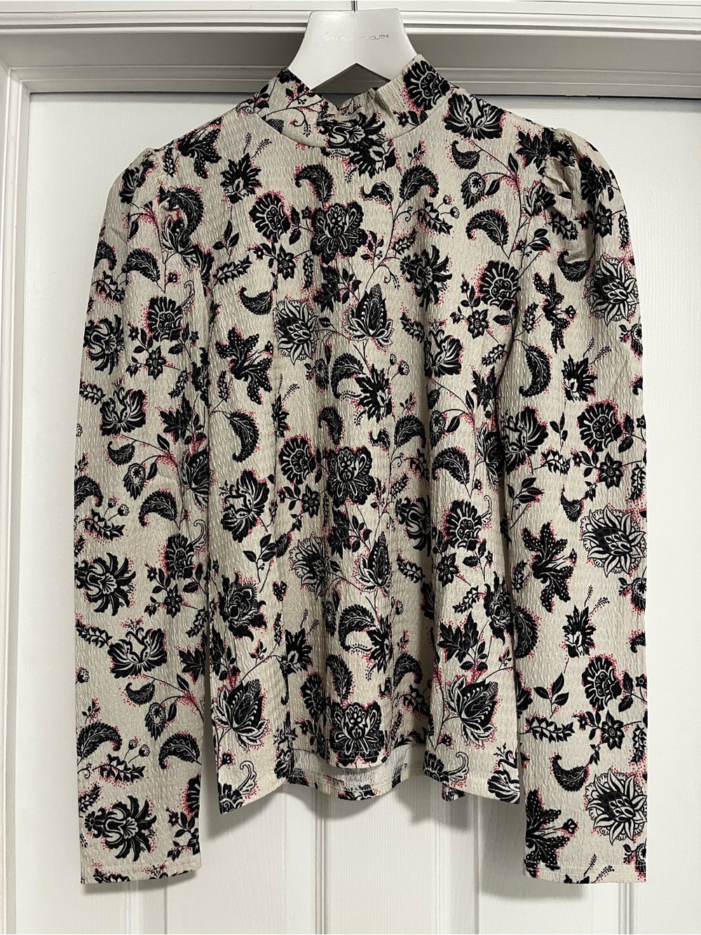 Cream Floral Mock Neck Blouse with Black & Pink Print